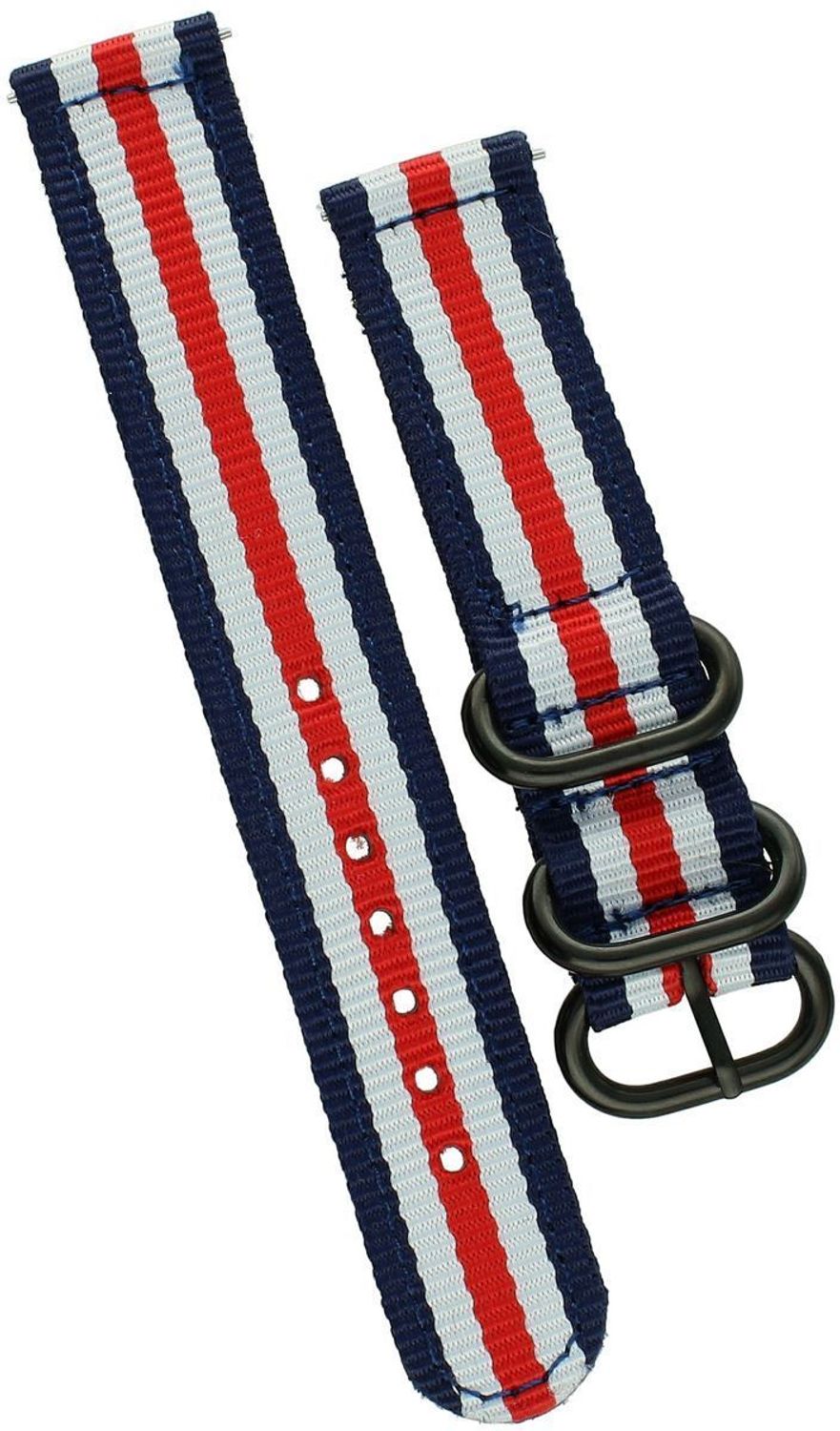 Wytrzymały pasek do zegarka NATO 028, parciany w trzech kolorach granatowym, białym i czerwonym. Długość 85127 mm, sprzączka czarna. Idealny do zegarków codziennych i sportowych.1.jpg